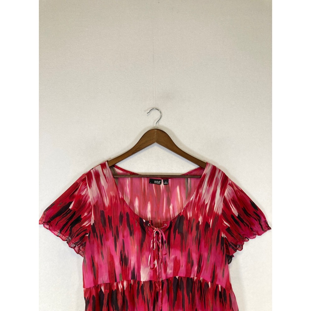 Boho a.n.a Women XL Pink Red‎ Abstract Flutter Sleeve Lace Up Sheer Blouse - Picture 8 of 11